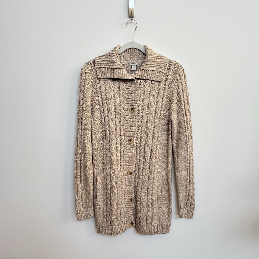 L.L. Bean Cable Knit Fisherman Cardigan Sweater Beige Cotton Button Front M - Picture 2 of 8
